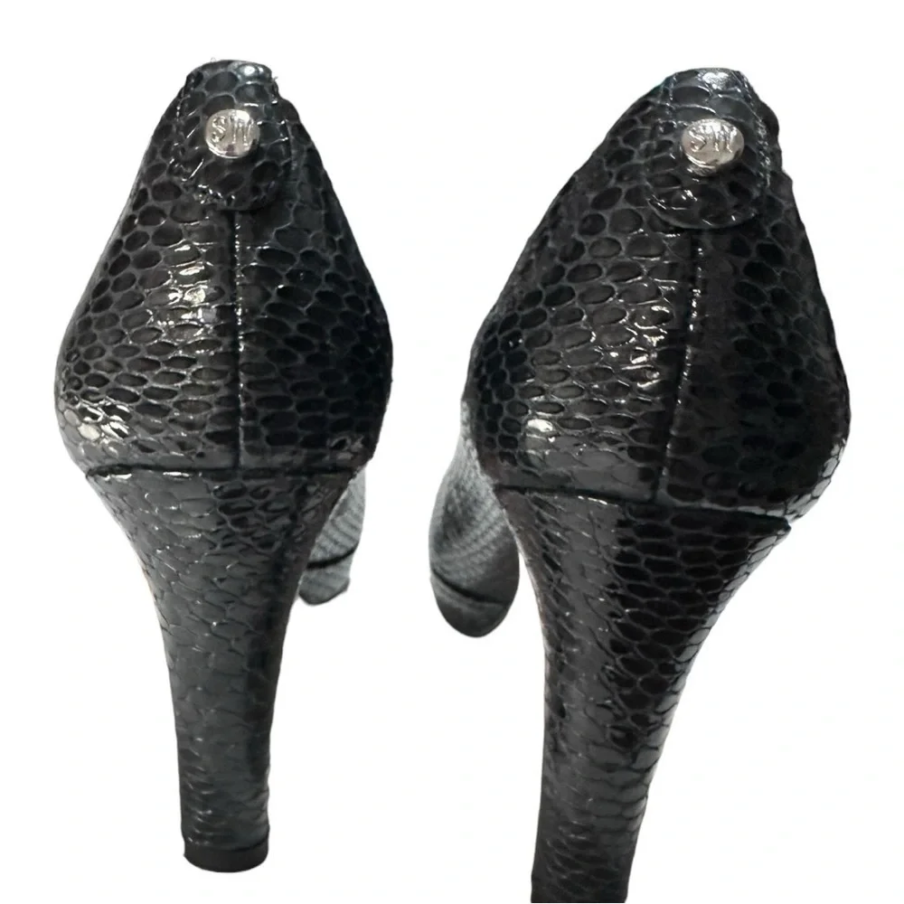 Stuart Weizmann Blue Leather Logoplainfield Snakeskin Peep Toe Pump Shoe 9 W